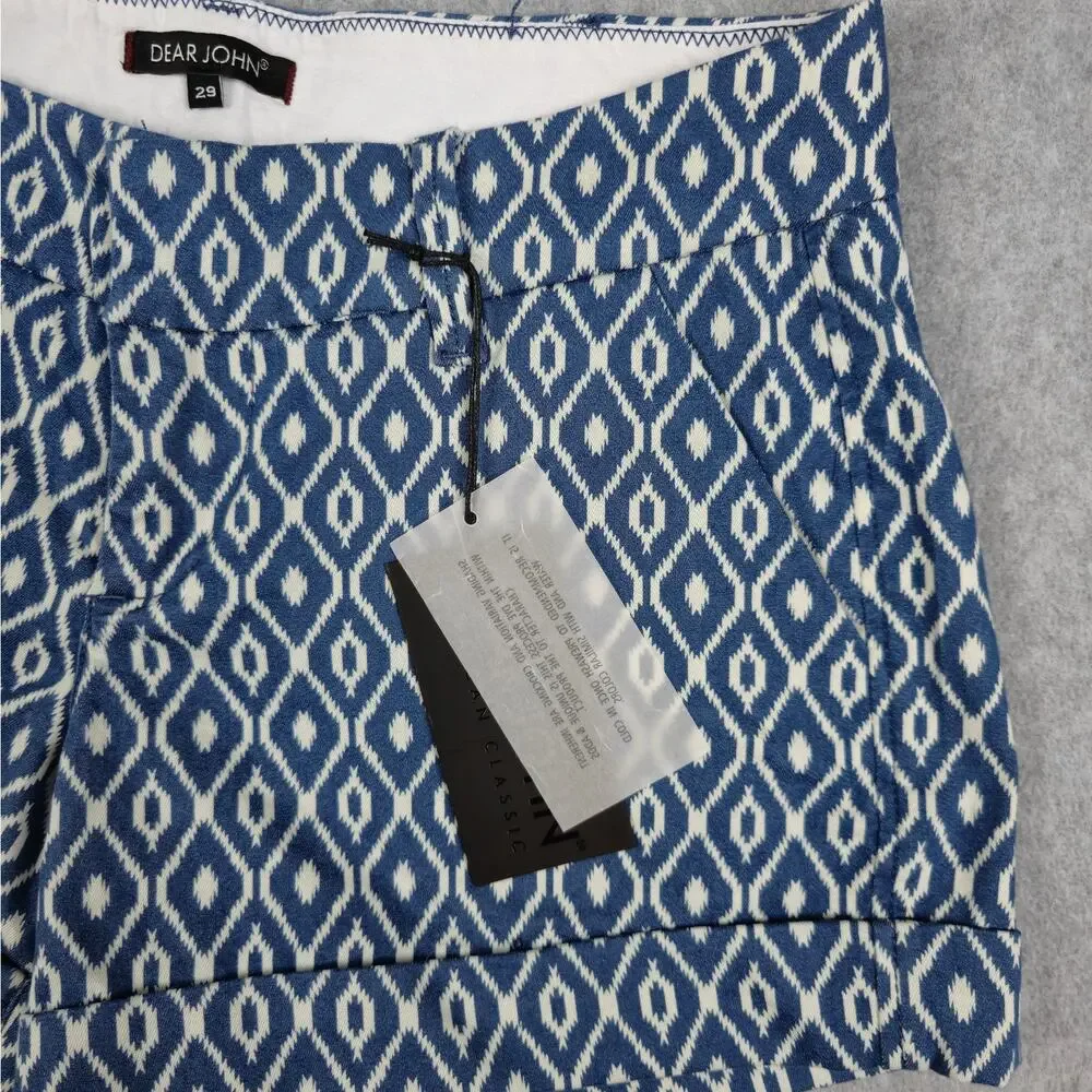 NWT Dear John Womens 29 Blue White Diamond Pattern Finnegan Roll Cuff Shorts - Picture 3 of 16